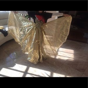 Custom made black gown with detachable gold train